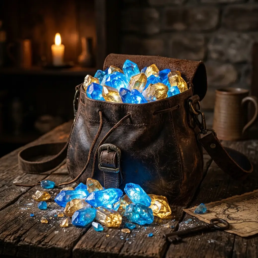 Glowing blue and gold crystals